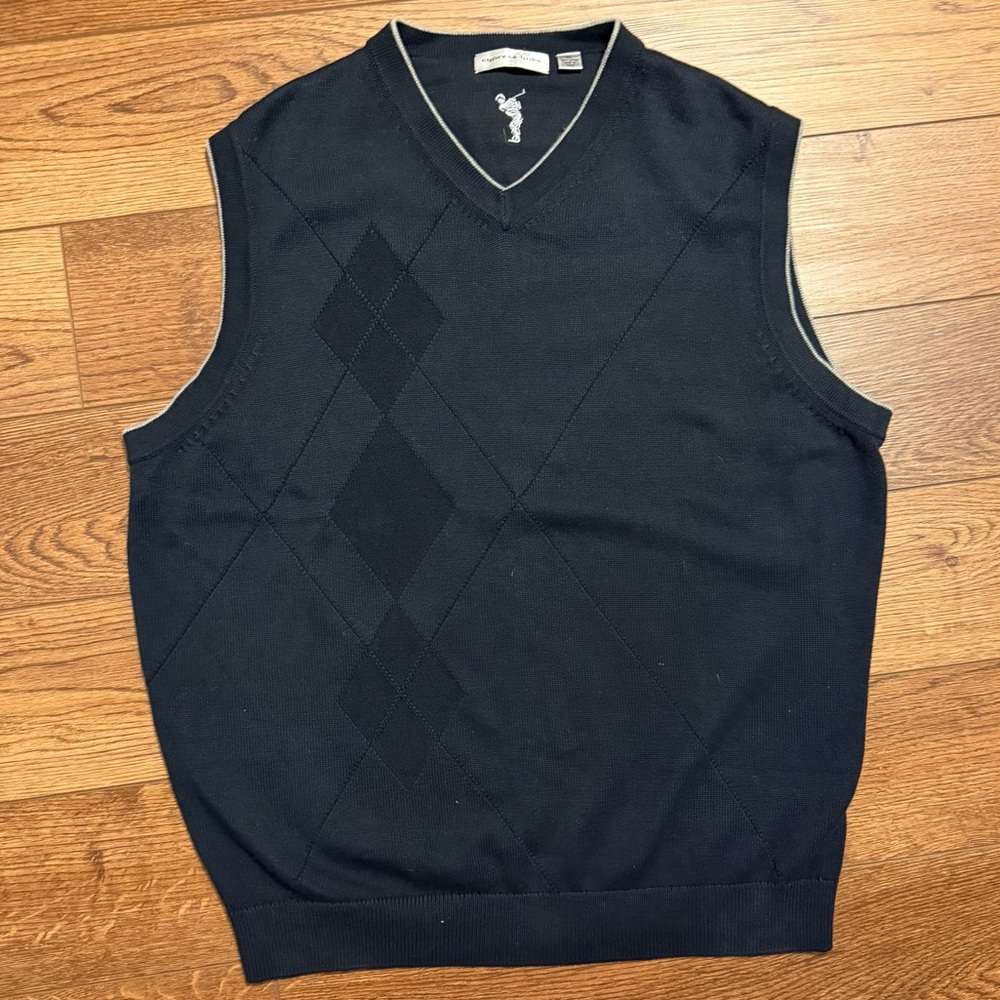 Cypress Links Men's Black V-Neck Sweater Vest with‎ Cream Contrast Trim